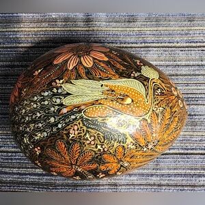 Vintage Handcrafted Wooden Lacquered Egg Trinket Box with Peacock Design